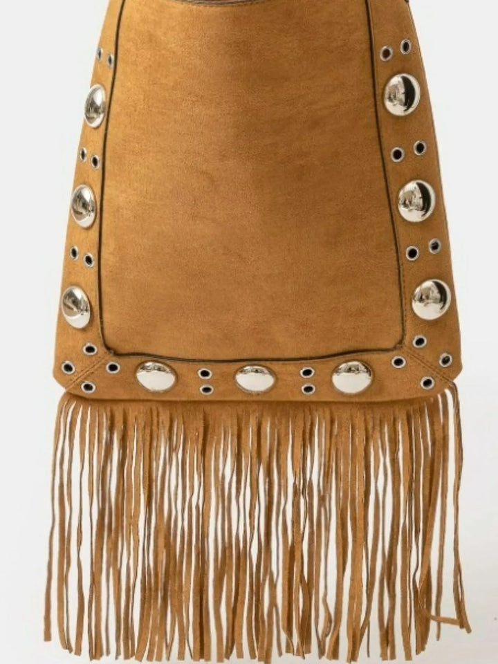 Faux Suede Grommet Accent Fringe Tote Bag Light Brown | Handbags Daverri Fashions
