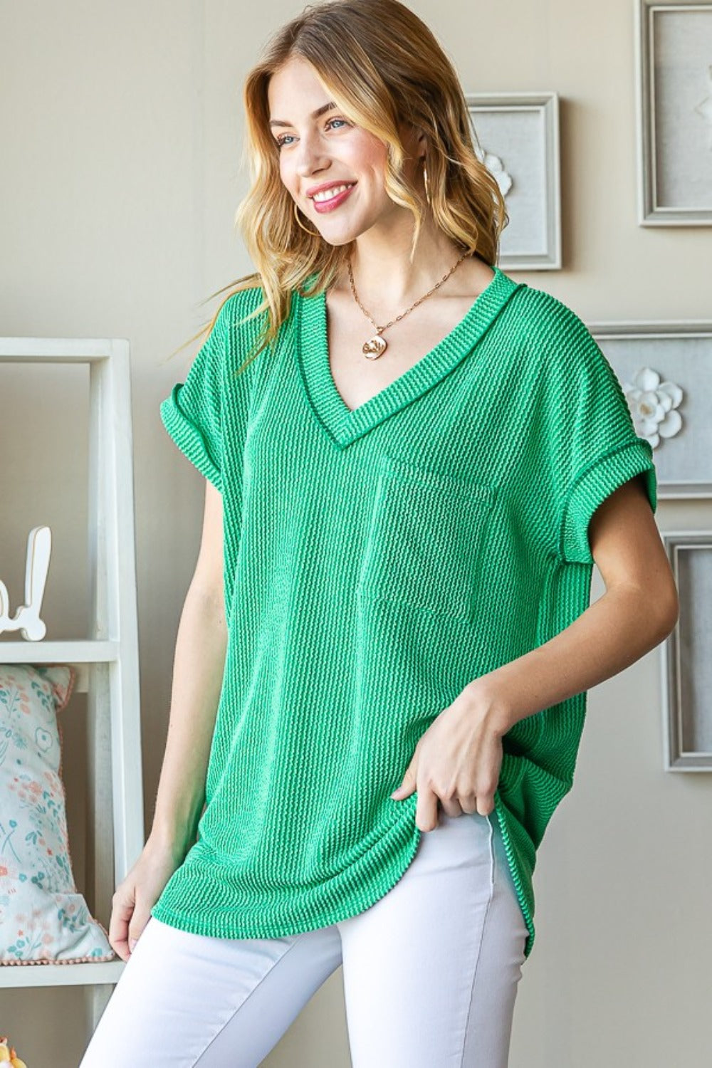 Heimish Full Size Front Pocket Short Sleeve Ribbed Top Kelly Green