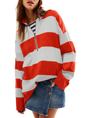 Striped Half-Zip Oversized Sweatshirt | Sweatshirts Daverri Fashions