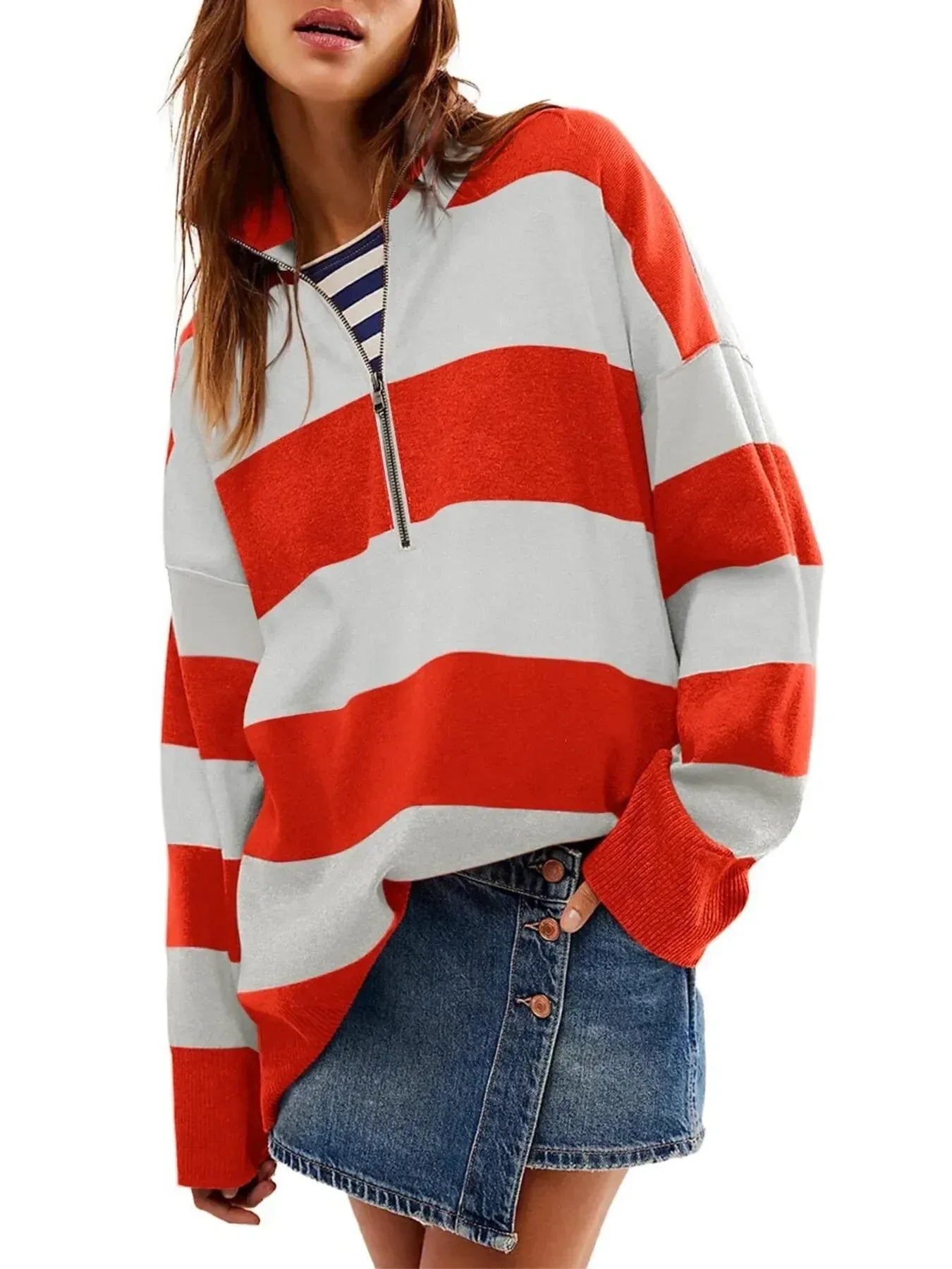 Striped Half-Zip Oversized Sweatshirt - DAVERRI FASHIONS