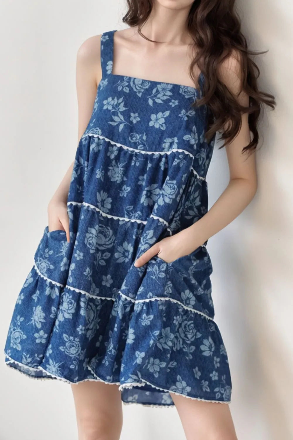 Blue floral tiered square neck denim sundress with lace trim and pockets
