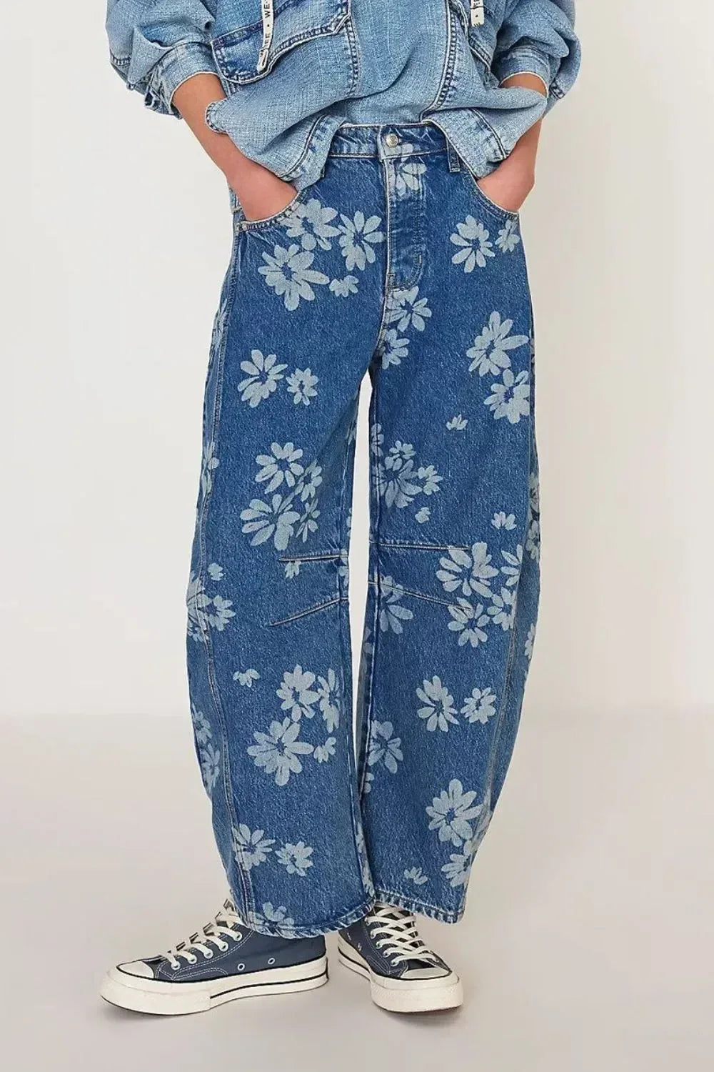 Flower Print Wide Leg Jeans - DAVERRI FASHIONS