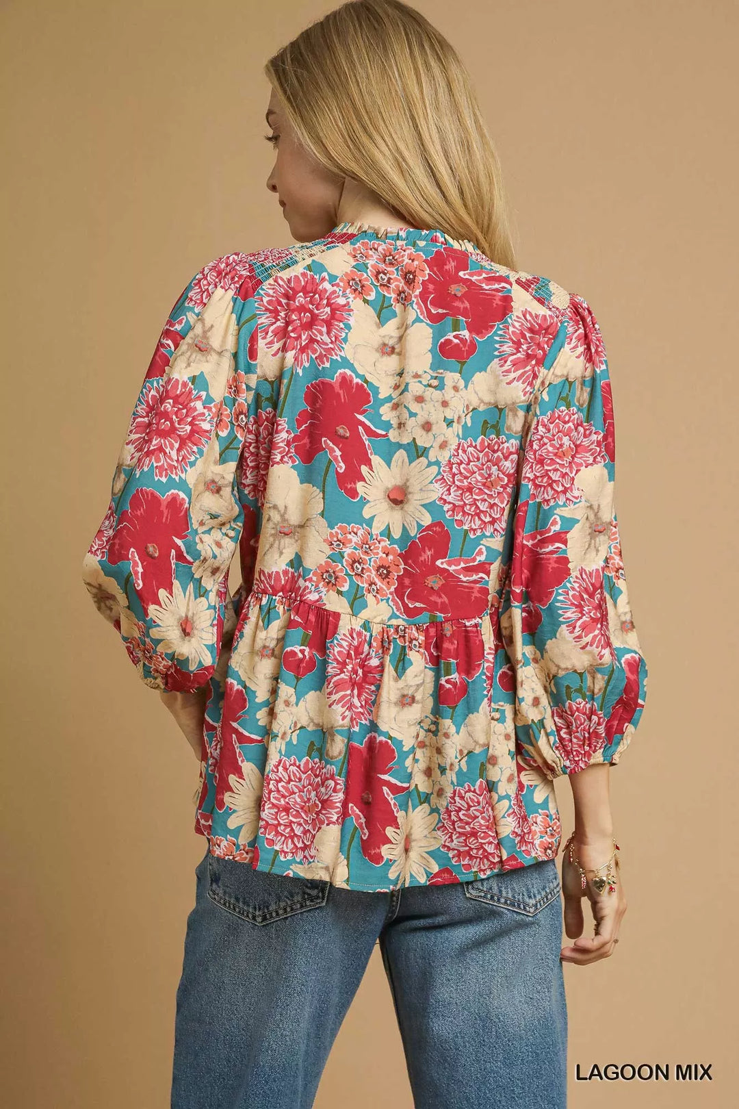 Umgee Mix Floral Peplum Blouse with Tie Neck | Blouses Daverri Fashions