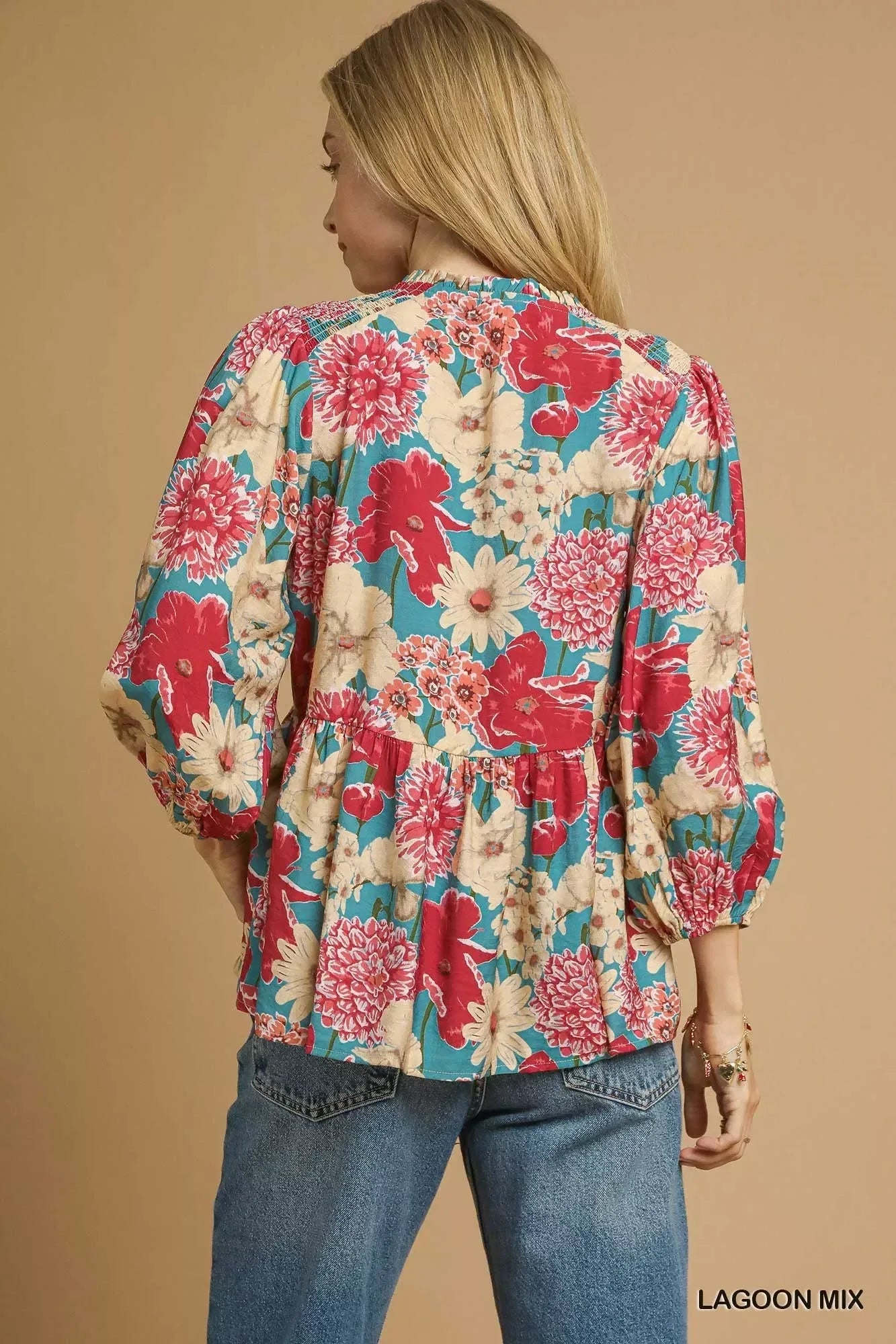 Umgee Mix Floral Peplum Blouse with Tie Neck - DAVERRI FASHIONS