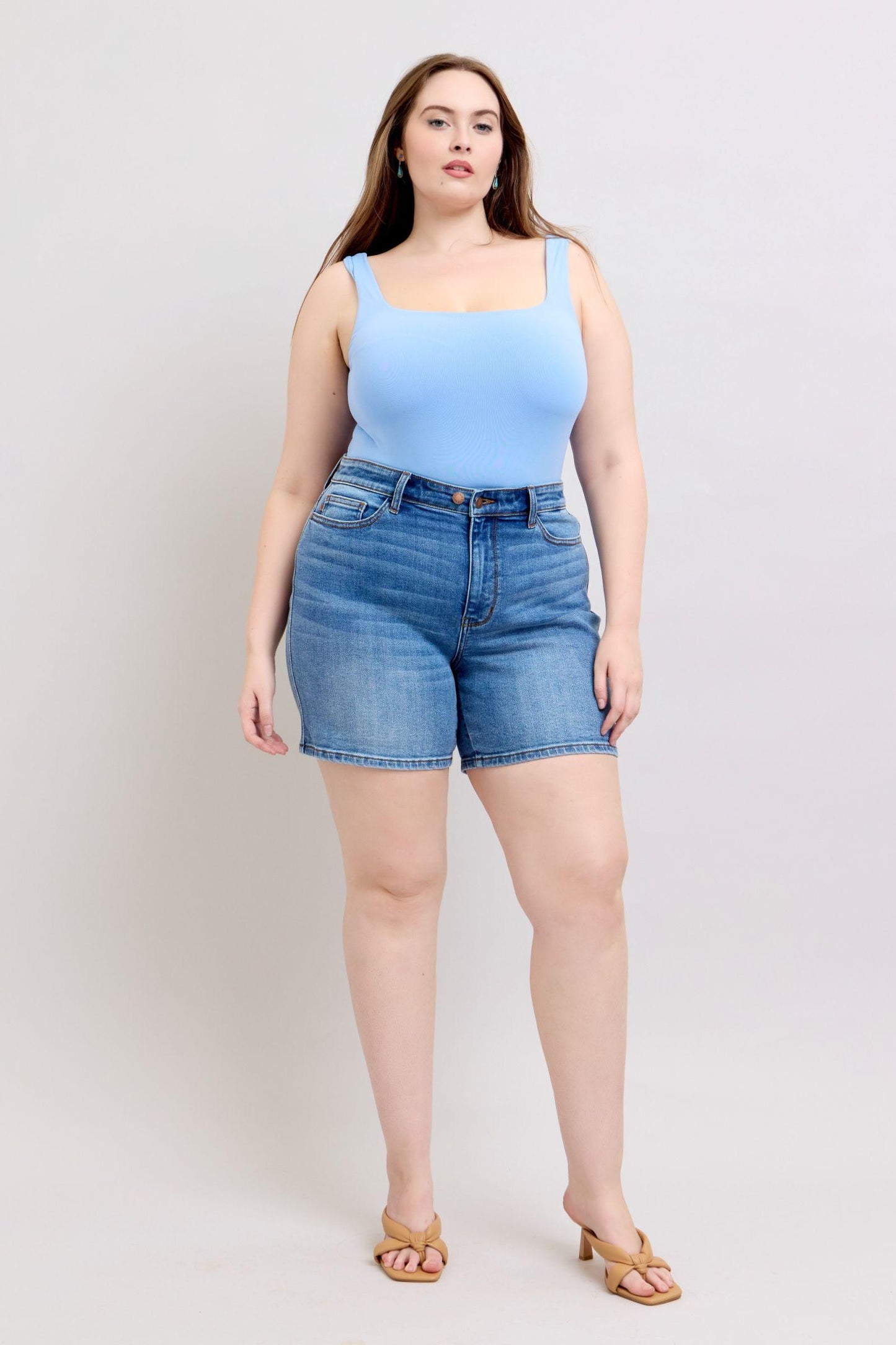 Judy Blue Full Size 2 Button Denim Shorts with Pockets Plus Size Denim Shorts