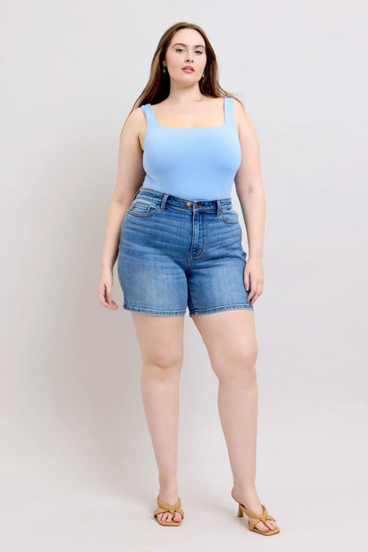 Judy Blue Full Size 2 Button Denim Shorts with Pockets Plus Size - DAVERRI FASHIONS