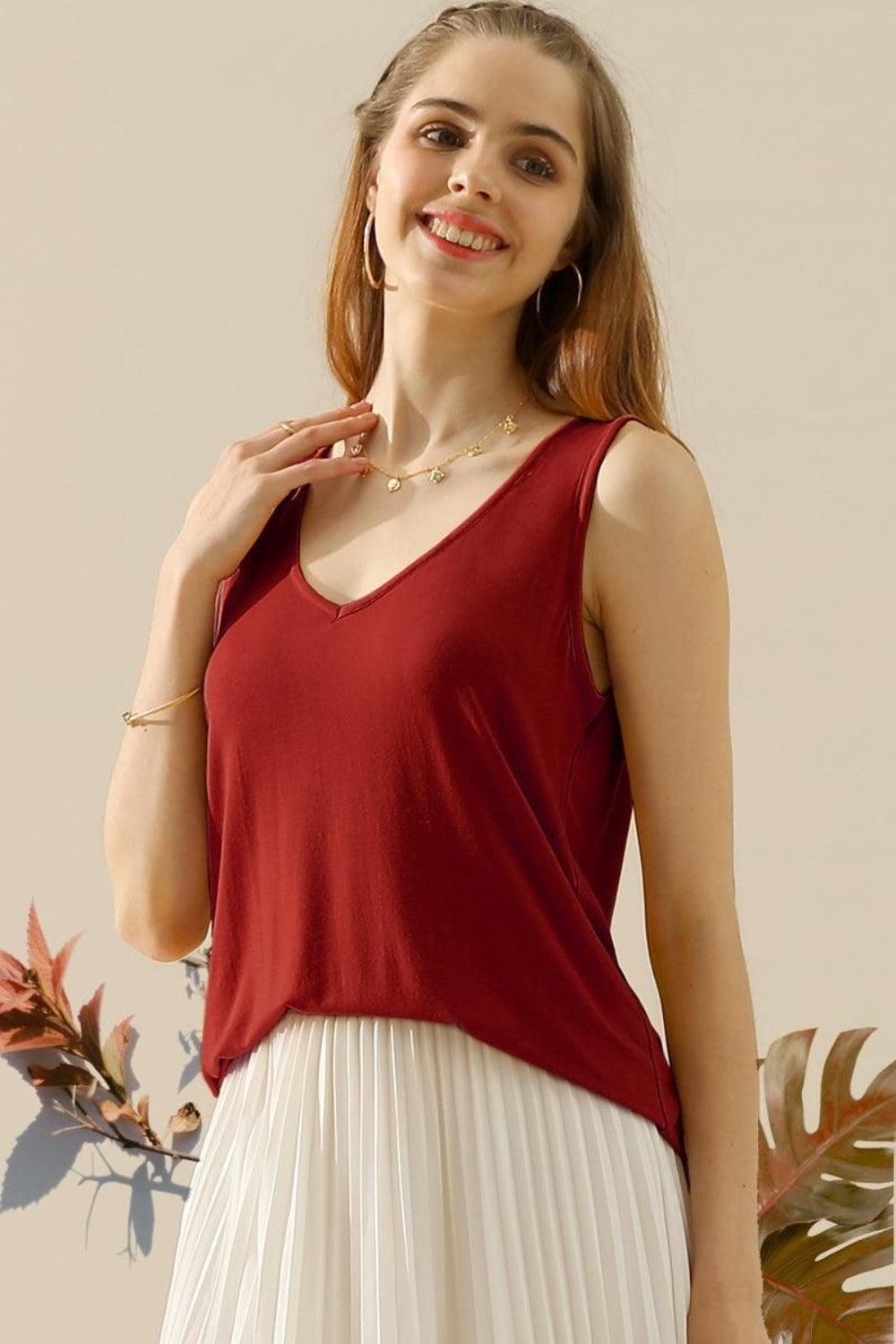 V-Neck Curved Hem Tank BURGUNDY Tank Tops