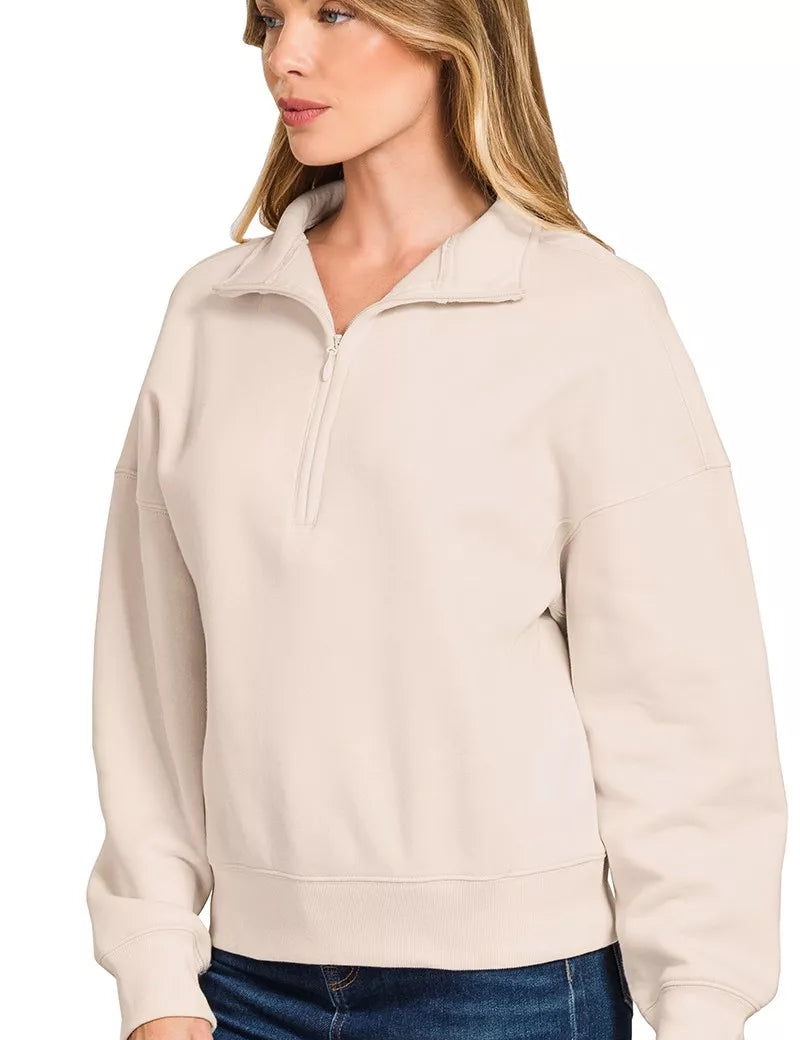 Zenana Fleece High Neck Half Zip Sweatshirt Sand Beige | Sweatshirts Daverri Fashions