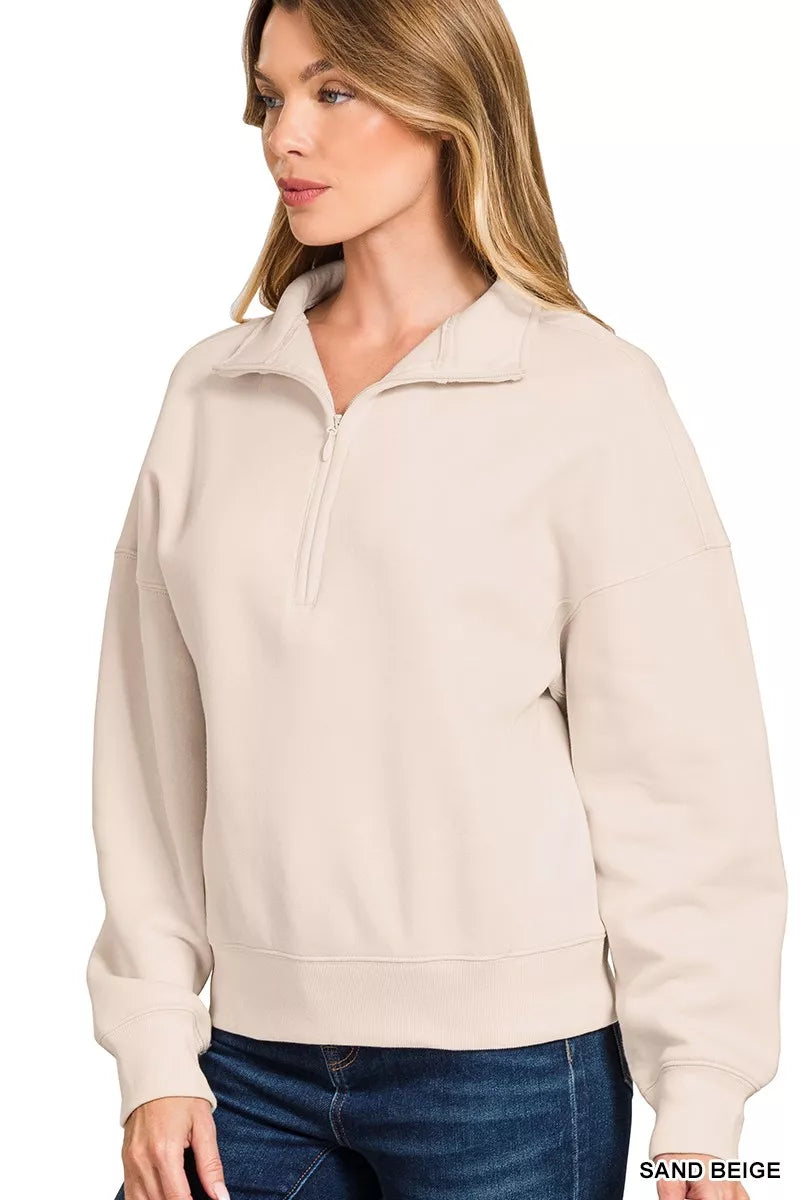 Zenana Fleece High Neck Half Zip Sweatshirt Sand Beige | Sweatshirts Daverri Fashions