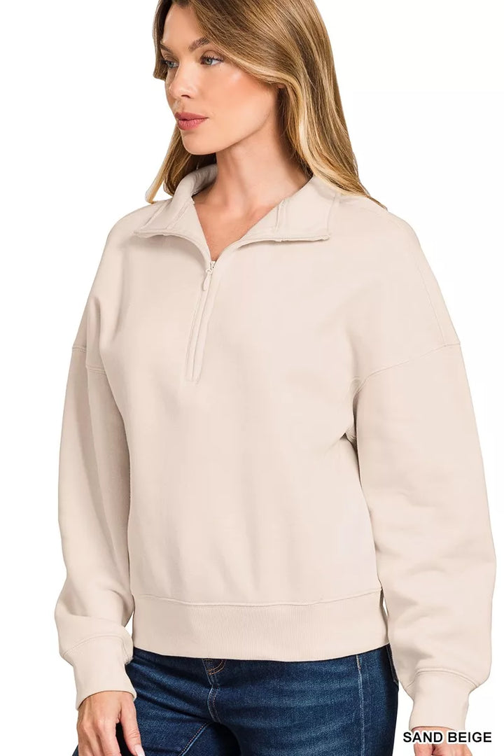 Zenana Fleece High Neck Half Zip Sweatshirt Sand Beige | Sweatshirts Daverri Fashions