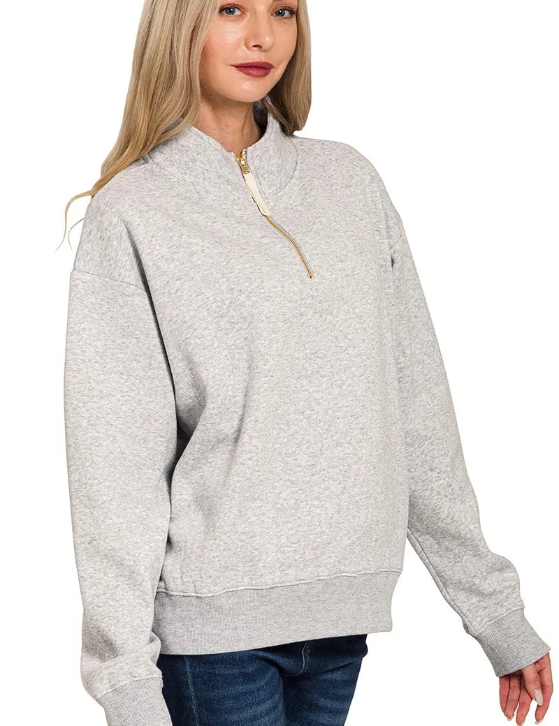 Zenana Fleece Half Zip Sweatshirt Grey | Sweatshirts Daverri Fashions