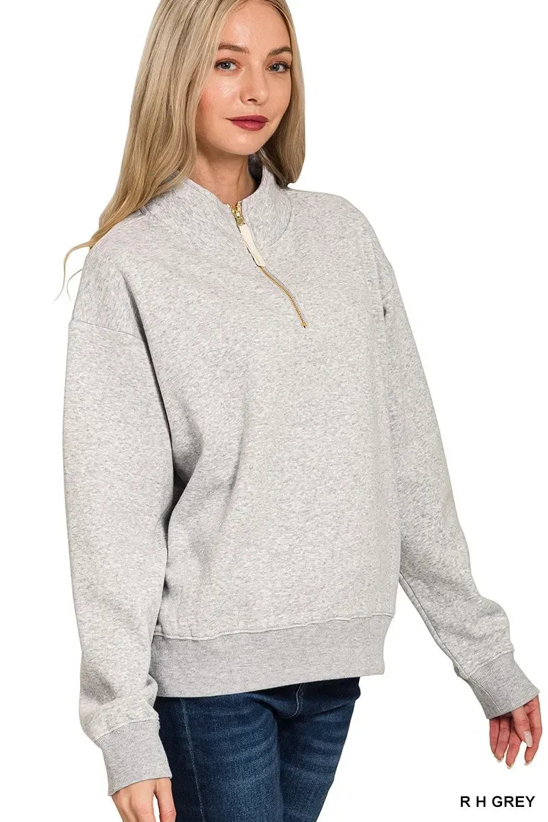 Zenana Fleece Half Zip Sweatshirt Grey - DAVERRI FASHIONS