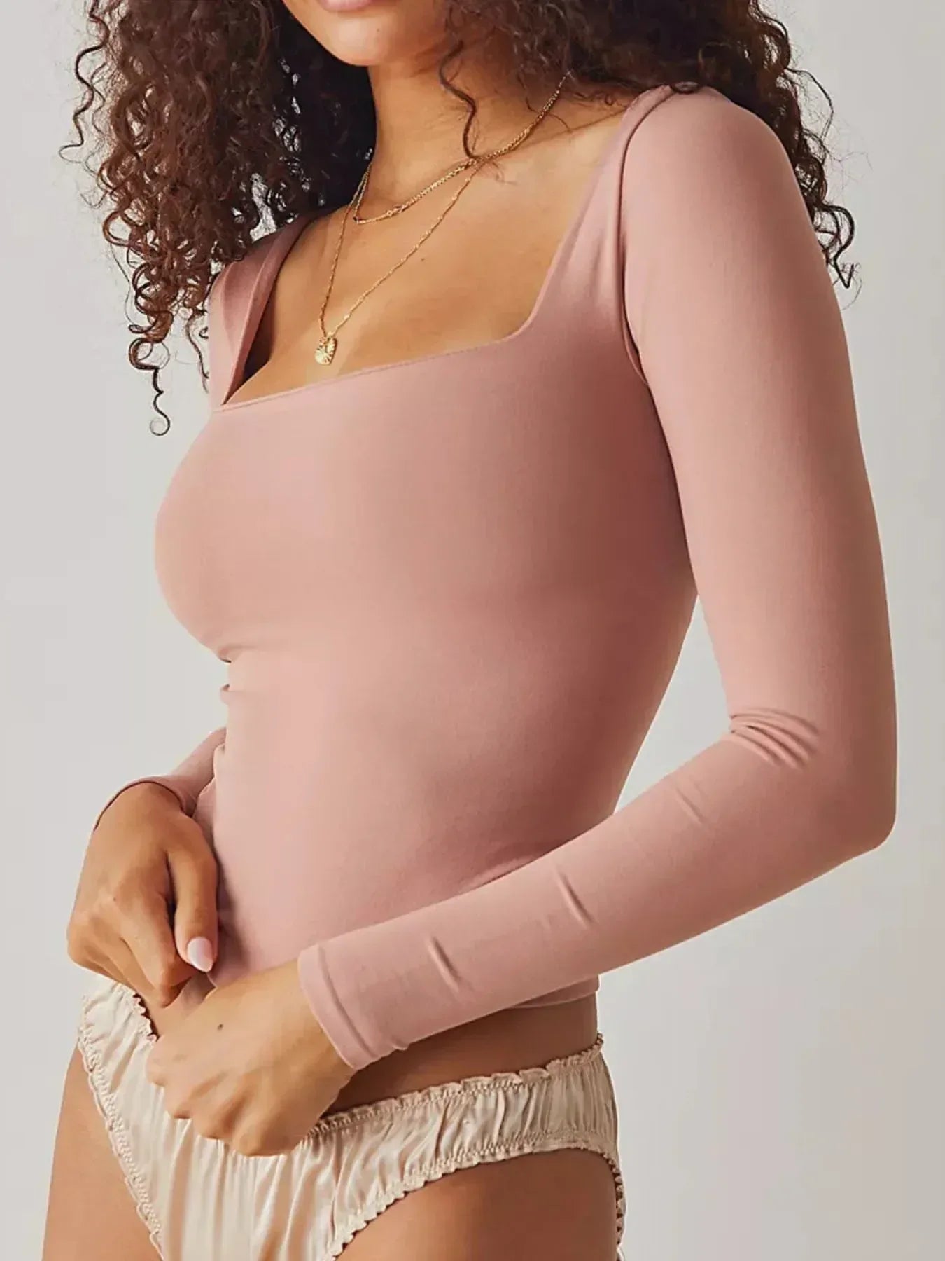 Square Neck Fitted Long Sleeve T-Shirt - DAVERRI FASHIONS