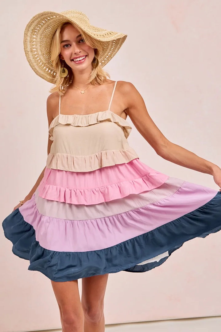 BiBi Color Blocked Tiered Dress Mini Dresses