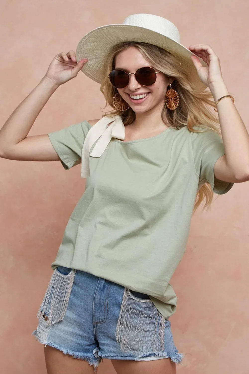BiBi Tied Ribbon One Shoulder Short Sleeve T-Shirt - DAVERRI FASHIONS