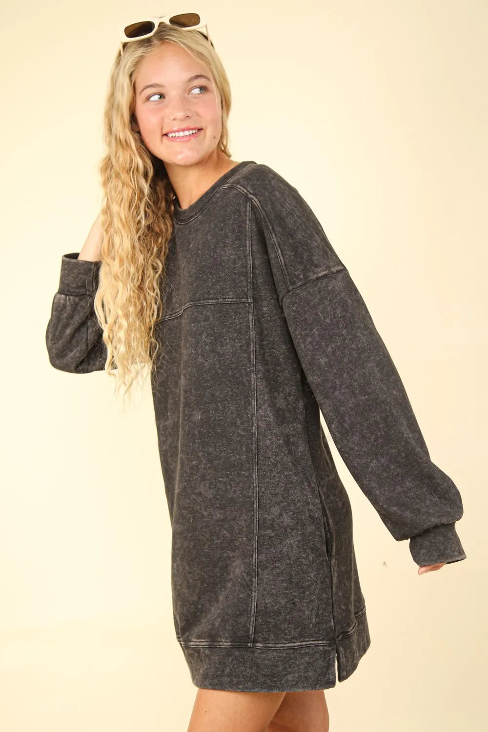 VERY J Mineral Washed Oversized Sweatshirt Mini Dress Mini Dresses