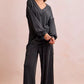 Dark gray ribbed BiBi two-tone cord rib V-neck top and wide-leg pants set