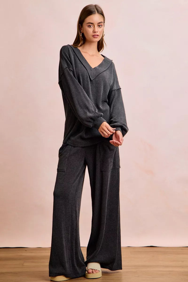 Dark gray ribbed BiBi two-tone cord rib V-neck top and wide-leg pants set