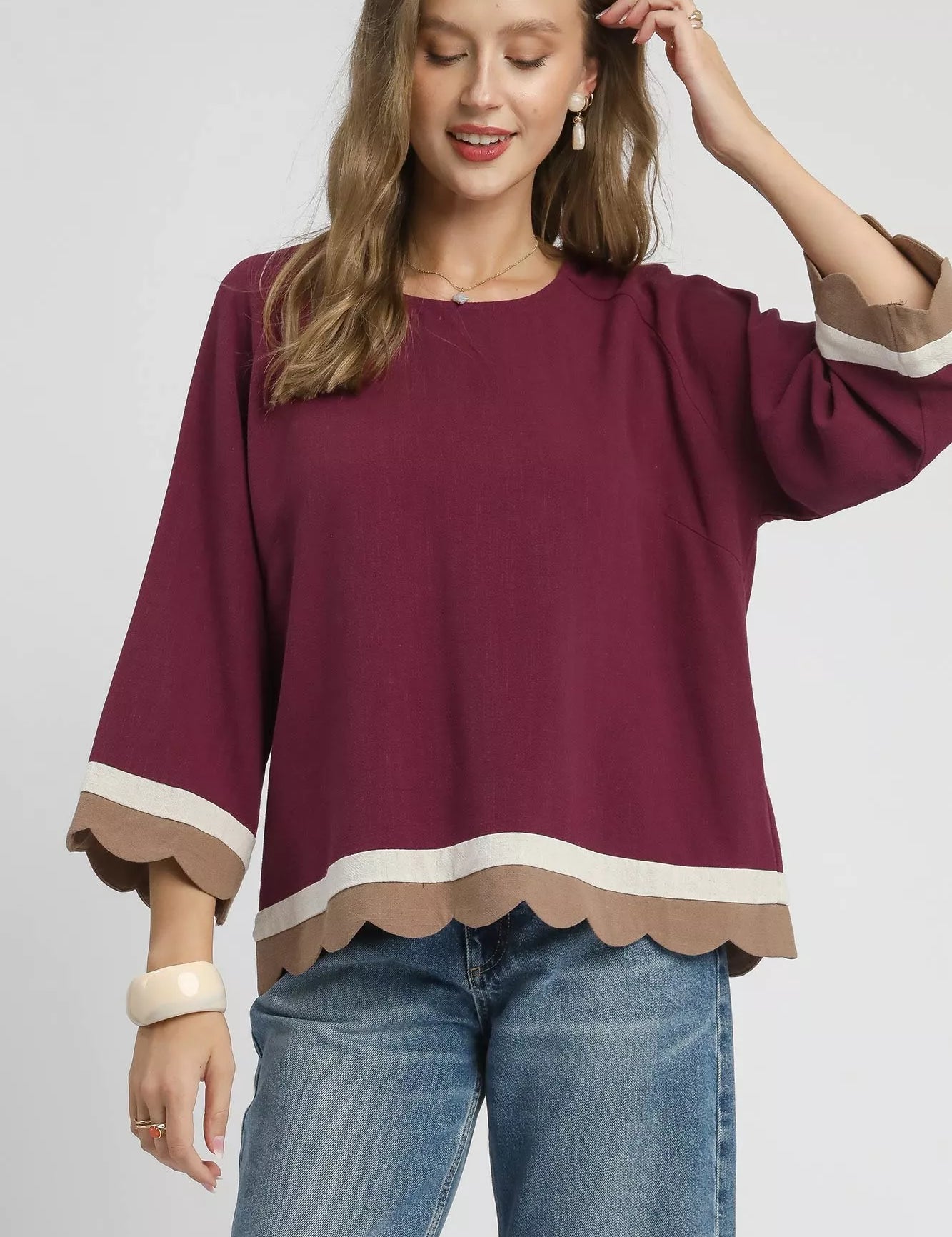 MERLOT S Umgee Scalloped Hem Color Block Top | Blouses Daverri Fashions