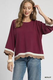 MERLOT S Umgee Scalloped Hem Color Block Top | Blouses Daverri Fashions