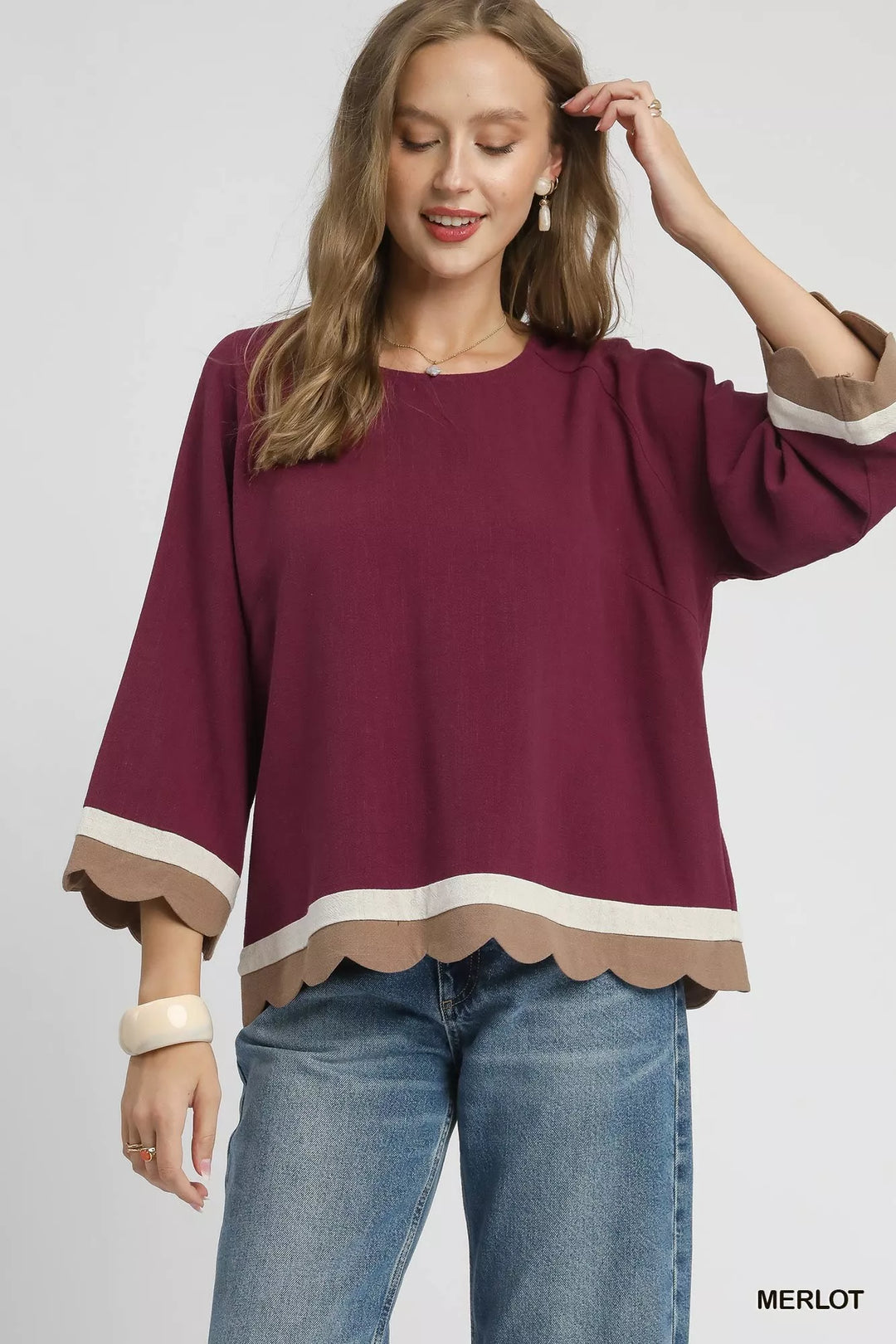 MERLOT Umgee Scalloped Hem Color Block Top | Blouses Daverri Fashions