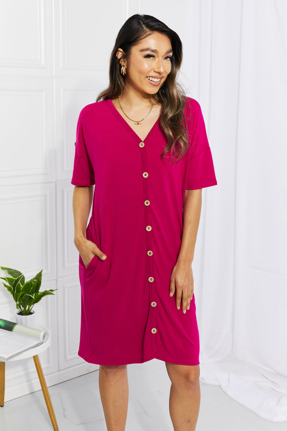 BOMBOM Sunday Brunch Button Down Knee-Length Dress in Magenta Deep Purple