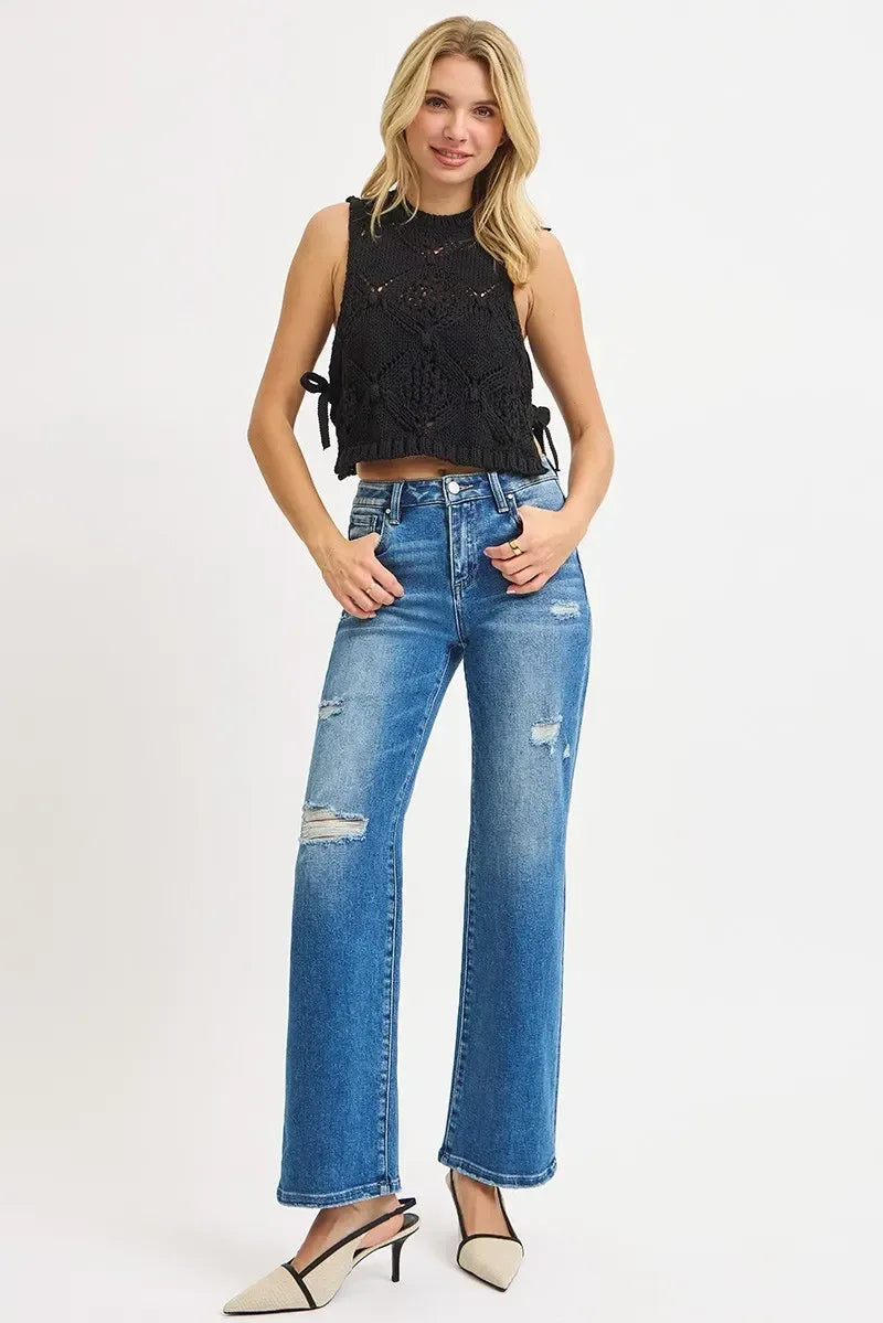 RISEN Full Size High Rise Ankle Straight Front Body Distressed Jeans Plus Size - DAVERRI FASHIONS