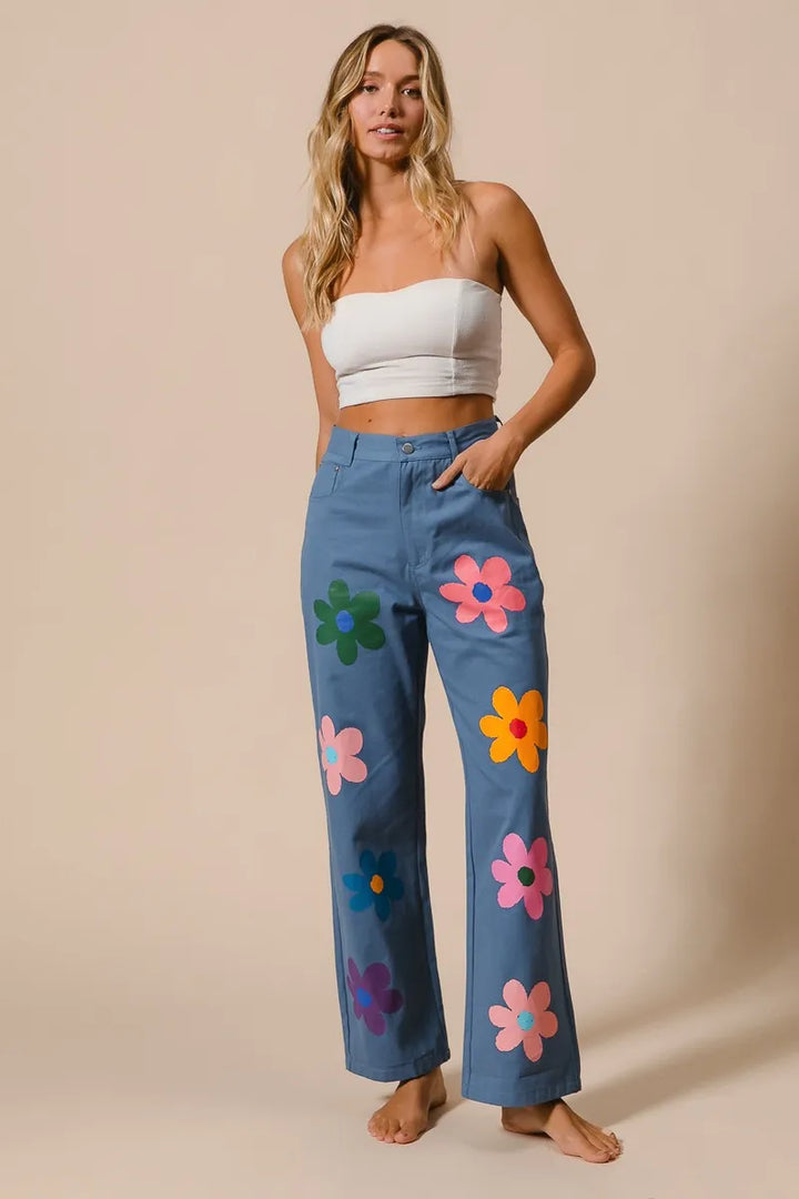 BiBi Flower Print Straight Legs Pants Pants