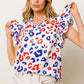 BiBi Leopard Notched Ruffled Cap Sleeve Blouse OFFWHT RED NAVY Blouses