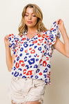 BiBi Leopard Notched Ruffled Cap Sleeve Blouse - DAVERRI FASHIONS