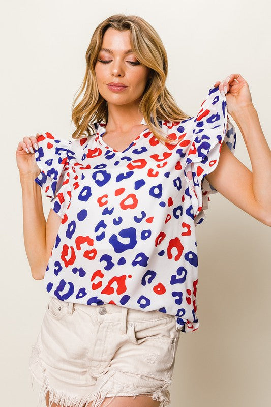 BiBi Leopard Notched Ruffled Cap Sleeve Blouse OFFWHT RED NAVY Blouses