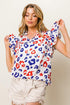 BiBi Leopard Notched Ruffled Cap Sleeve Blouse OFFWHT RED NAVY Blouses