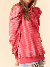 Coral striped hoodie with puffed sleeves and drawstring hood