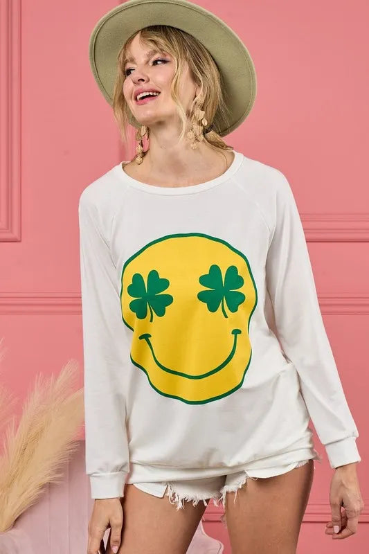 BiBi Smile Face Graphic Round Neck Long Sleeve Top | Tops Daverri Fashions