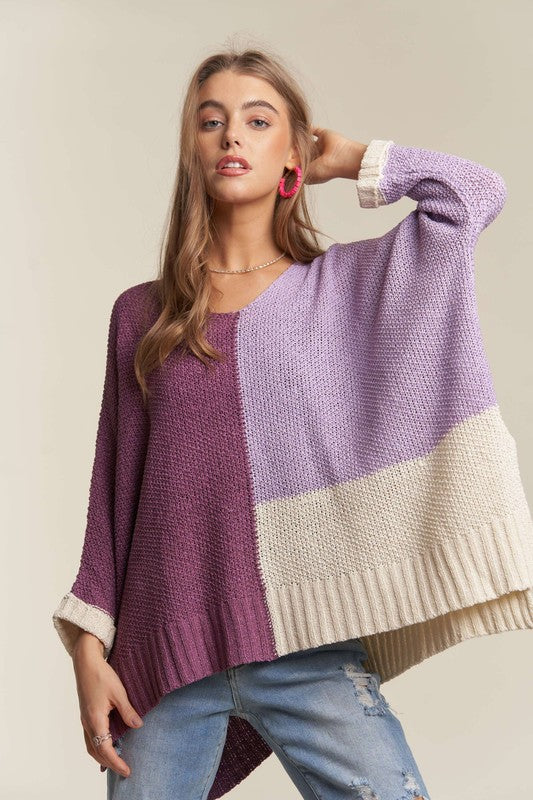 ADORA Side Slit Color Block Long Sleeve Sweater Deep Purple