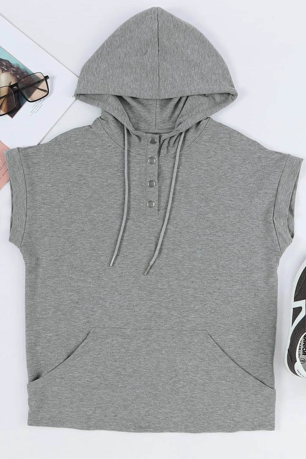 Heather gray sleeveless drawstring hoodie with button details