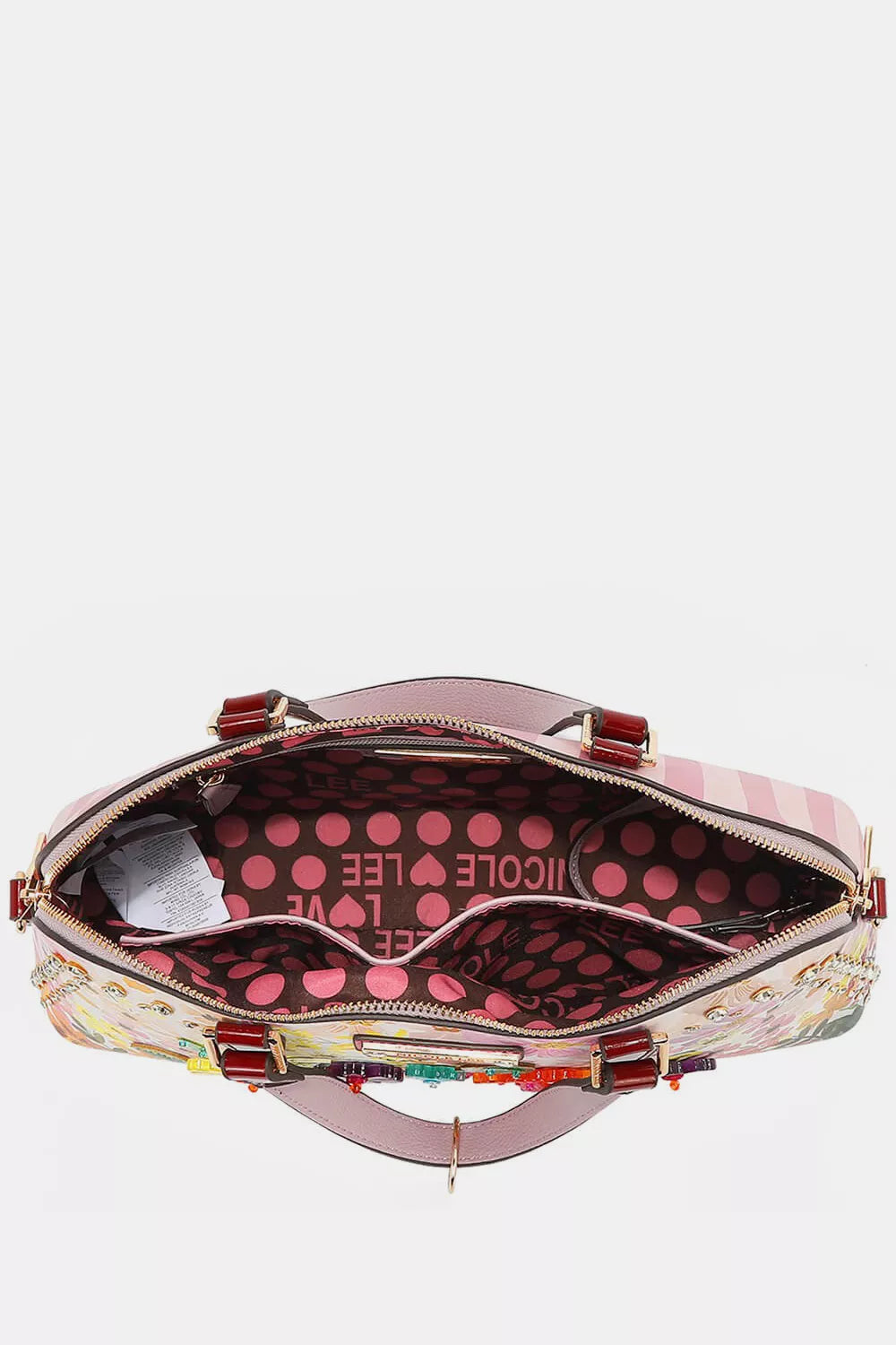 Nicole Lee Dreams Blossom dome handbag in pink white stripes with cartoon patterns