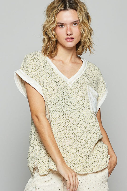 POL Floral V-Neck Short Sleeve T-Shirt Almond Ivory