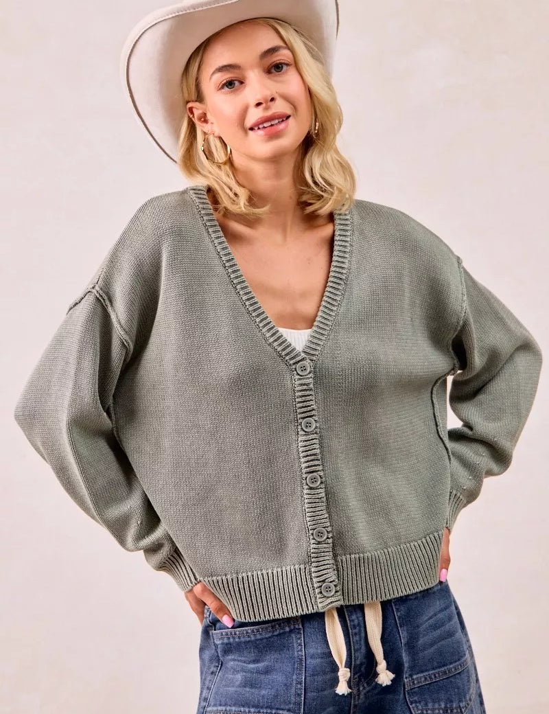 VINTAGE OLIVE BiBi Washed Sweater V Neck Cardigan | Daverri Fashions