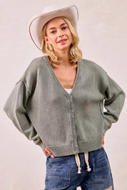 VINTAGE OLIVE BiBi Washed Sweater V Neck Cardigan | Daverri Fashions