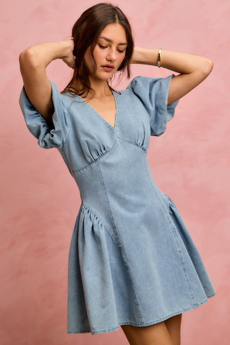 SO ME bubble sleeves light blue denim fit and flare mini dress
