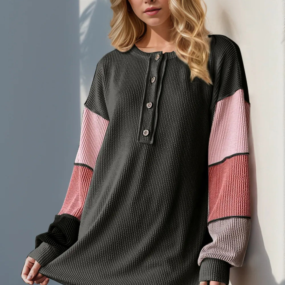 Black Double Take Full Size Color Block Round Neck Long Sleeve T-Shirt | Knit Tops Daverri Fashions