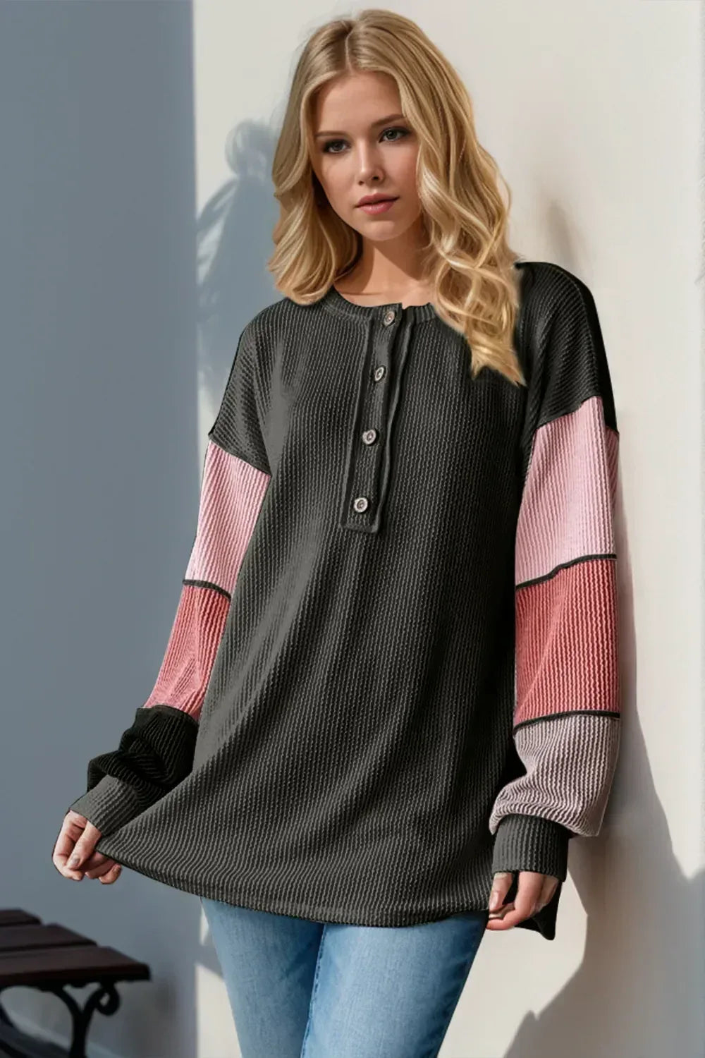 Double Take Full Size Color Block Round Neck Long Sleeve T-Shirt - DAVERRI FASHIONS