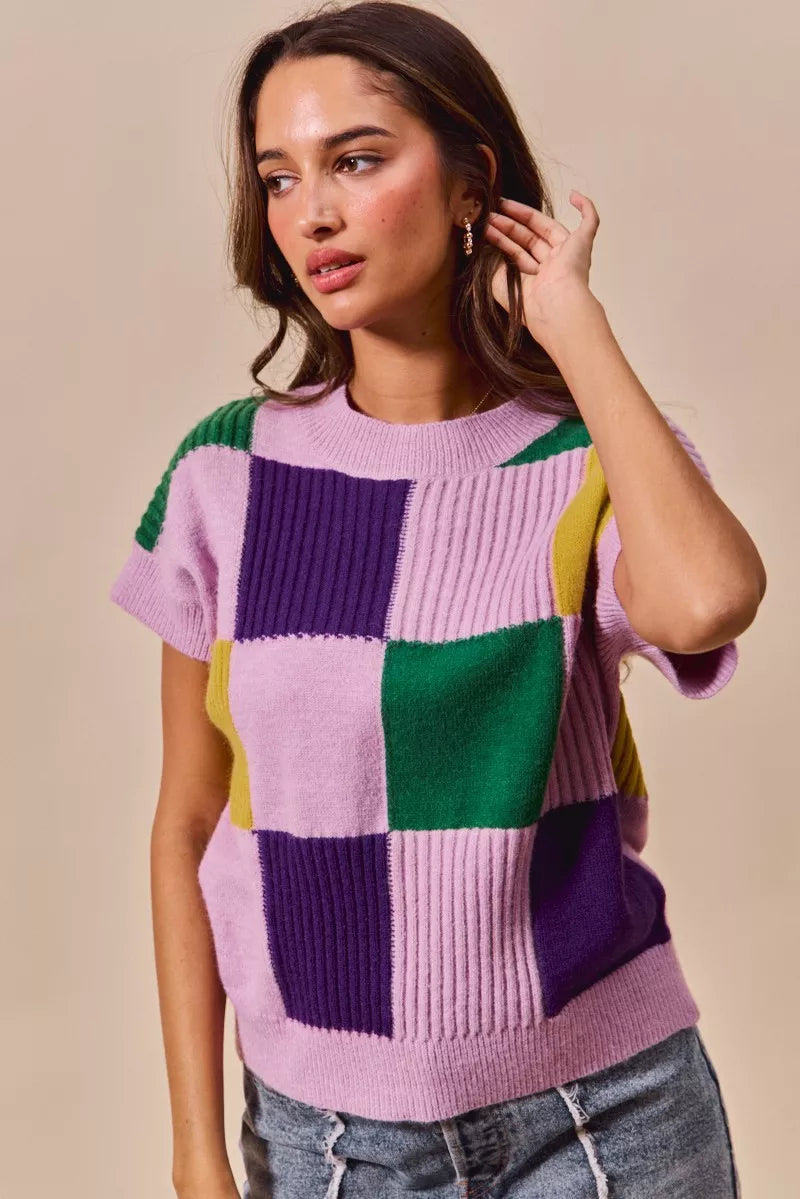 SO ME Mardi Gras pastel purple green yellow plaid knit sweater top
