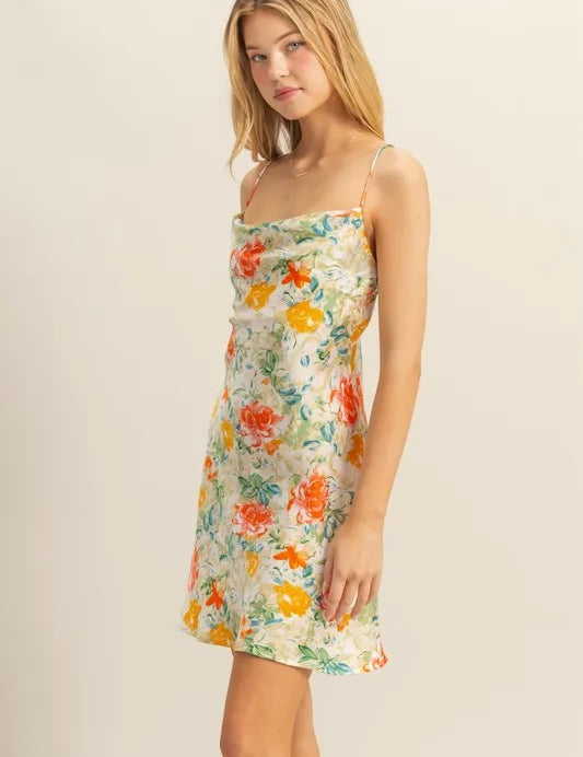HYFVE Floral Cowl Neck Flirty Satin Mini Dress | Daverri Fashions