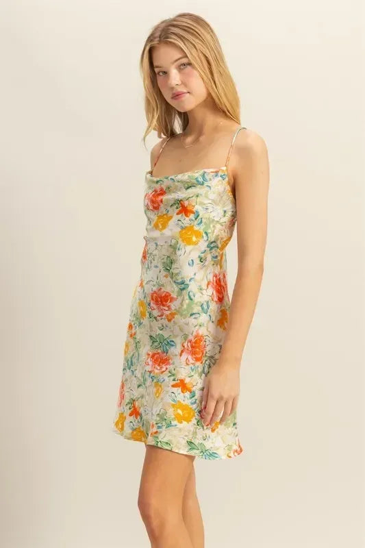 HYFVE Floral Cowl Neck Flirty Satin Mini Dress - DAVERRI FASHIONS