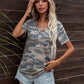 Daverri Glitter V-Neck Tee in gray beige camo with sequined neckline pocket