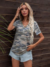 Daverri Glitter V-Neck Tee in gray beige camo with sequined neckline pocket
