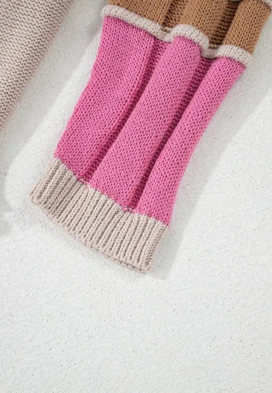 Color Block Round Neck Long Sleeve Sweater - DAVERRI FASHIONS