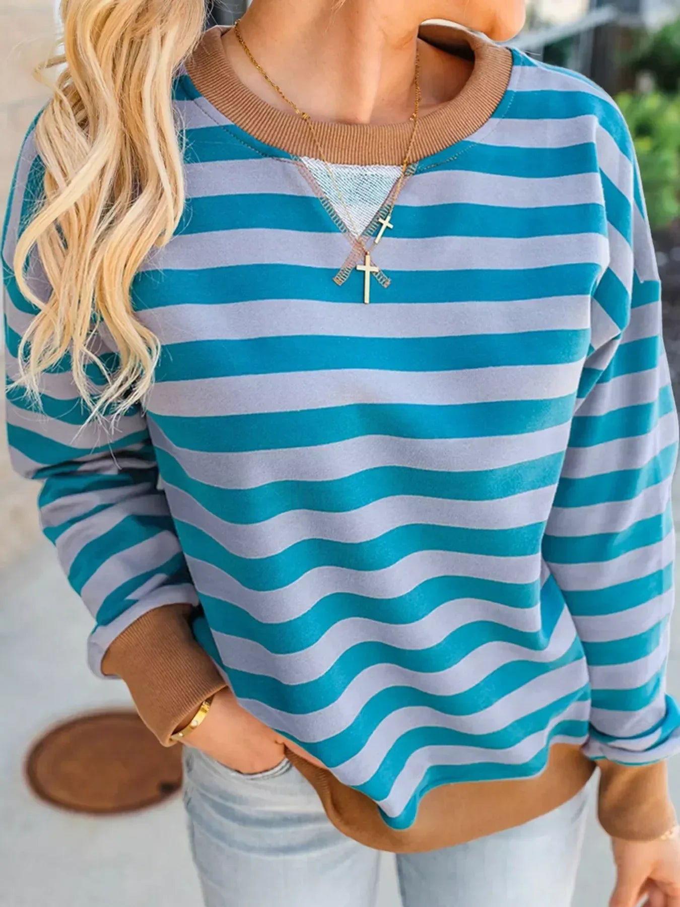 Striped Round Neck Casual Sweatshirt - DAVERRI FASHIONS